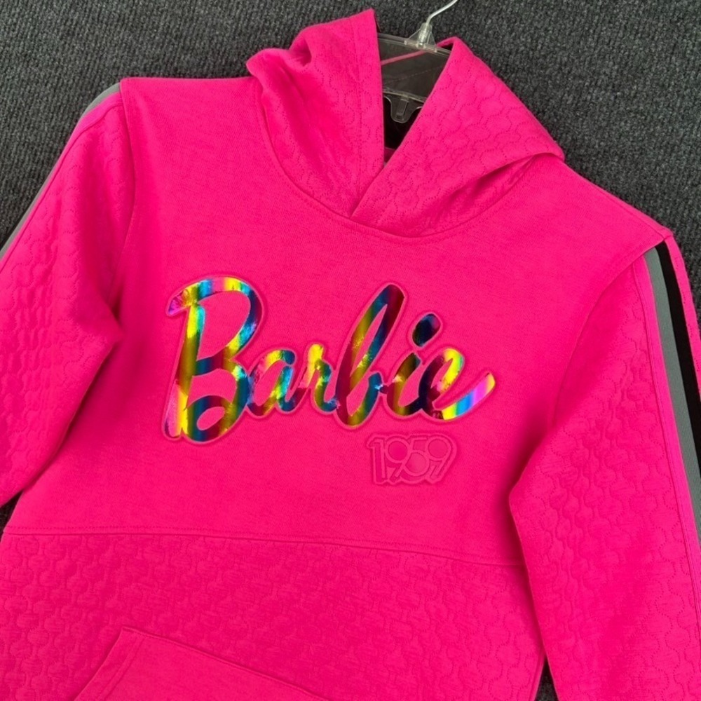 BARBIE Girl's Fleece Pullover Hoodie Sweater Size 10/12 Pink Stripes Graphic